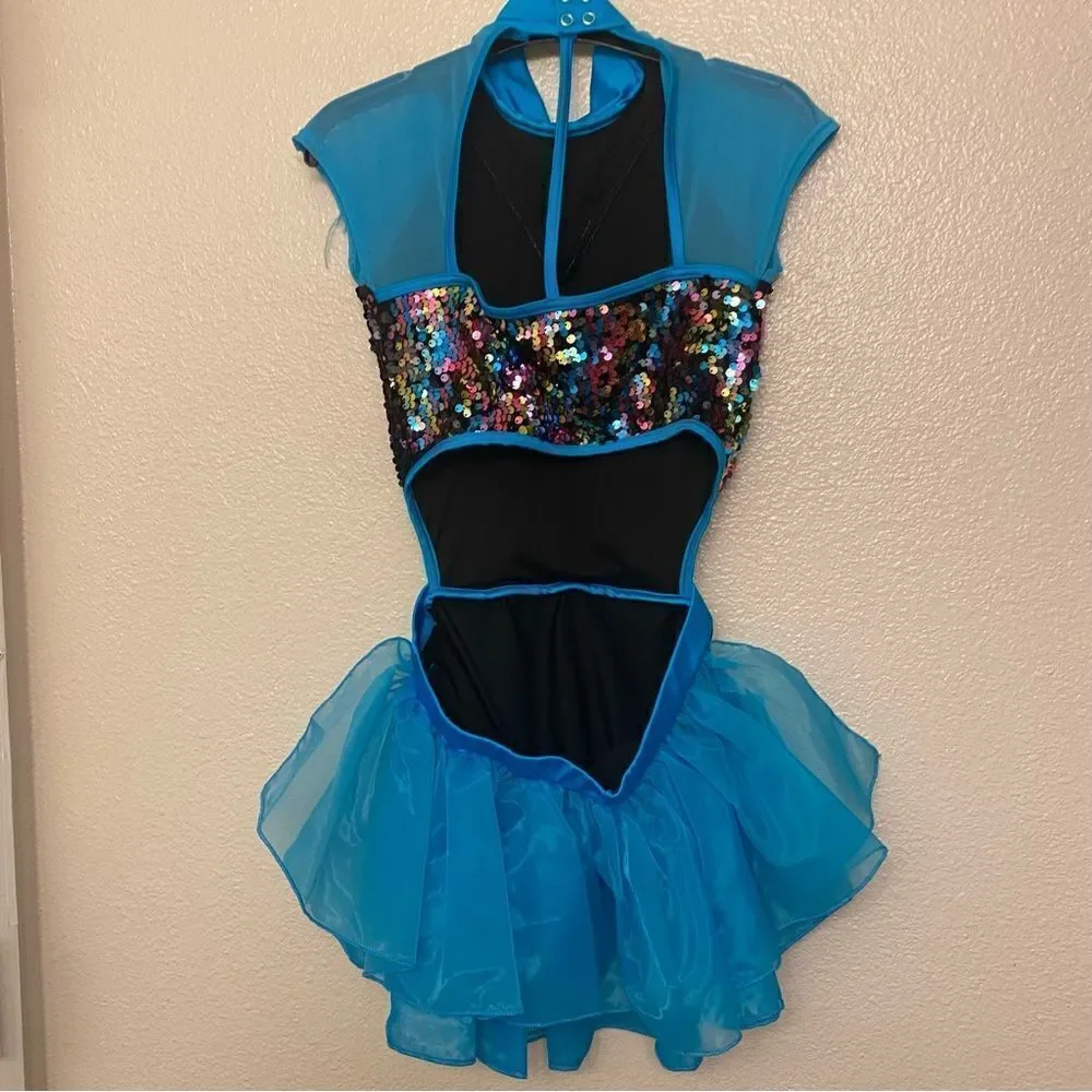 WEISSMAN Dance costume feather teal sequins sassy A Deeper Love 14471 LC child